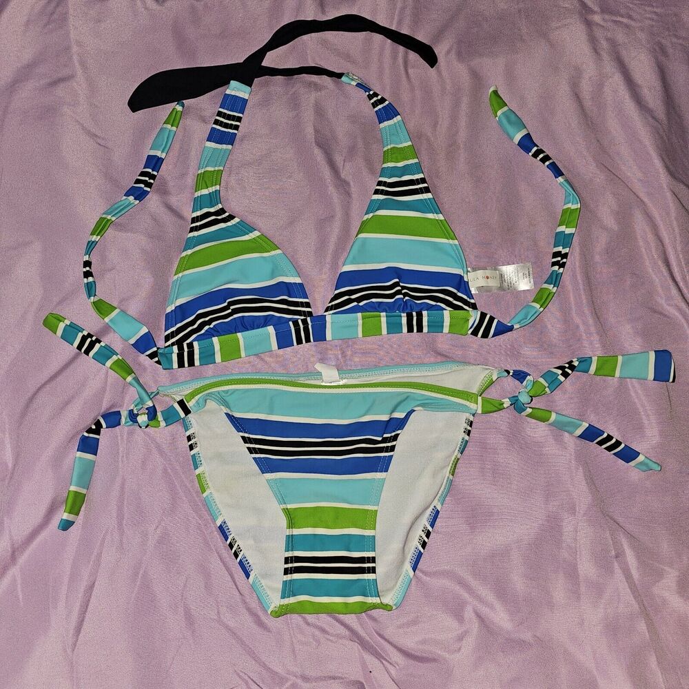 Hula Honey Swimsuit Bikini 2pc set Sz S Multi Stripe Green Blue Side Ties